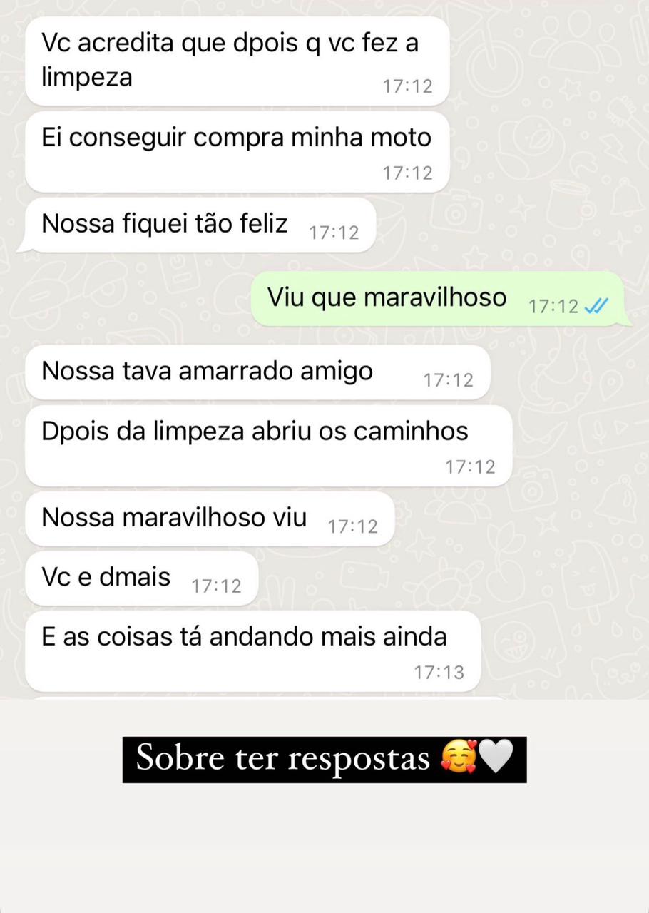 Print de cliente agradecendo: conseguiu comprar a moto após a limpeza espiritual
